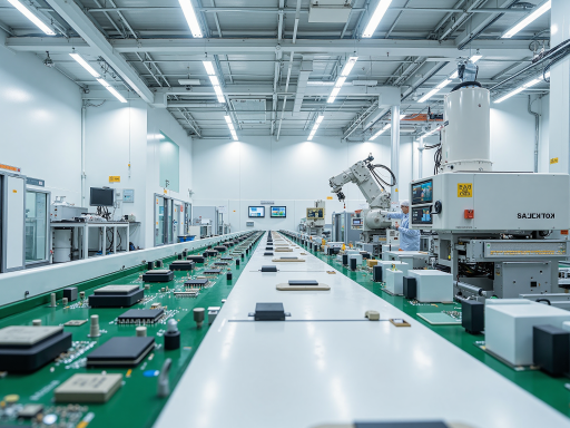 Modern electronics manufacturing facility interior with automated surface mount technology assembly lines, bright fluorescent overhead lighting, clean white floors, workers wearing anti-static uniforms operating machinery, industrial environment