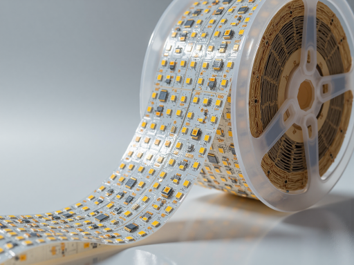 Flexible LED strip light emitting bright continuous warm white illumination, showing small surface mounted diodes closely spaced along a long narrow circuit board, rolled up partially, dark background highlighting the glow, product photography