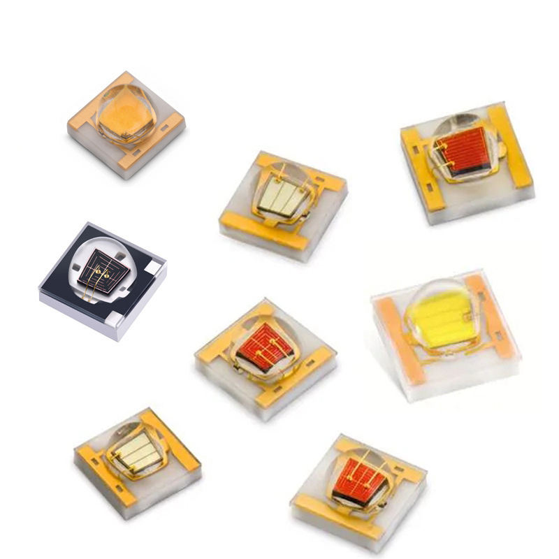 Close-up macro photography of a square 3535 surface mount LED chip component, robust white substrate, domed yellow phosphor center, heavy metallic solder pads, dark background, sharp focus, electronic component