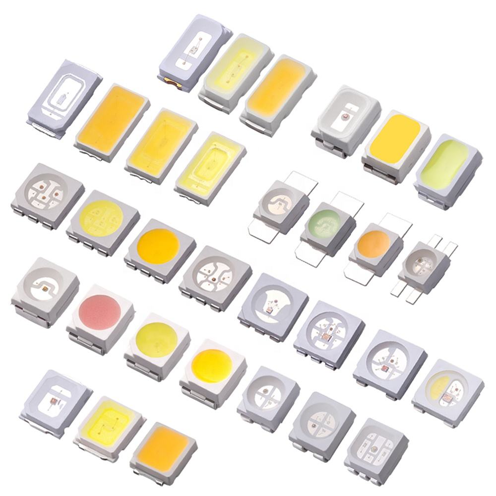 Close-up macro photography of a square 3030 surface mount LED chip component, white plastic housing, circular yellow phosphor lens center, metallic contacts on sides, dark background, sharp focus, electronic component